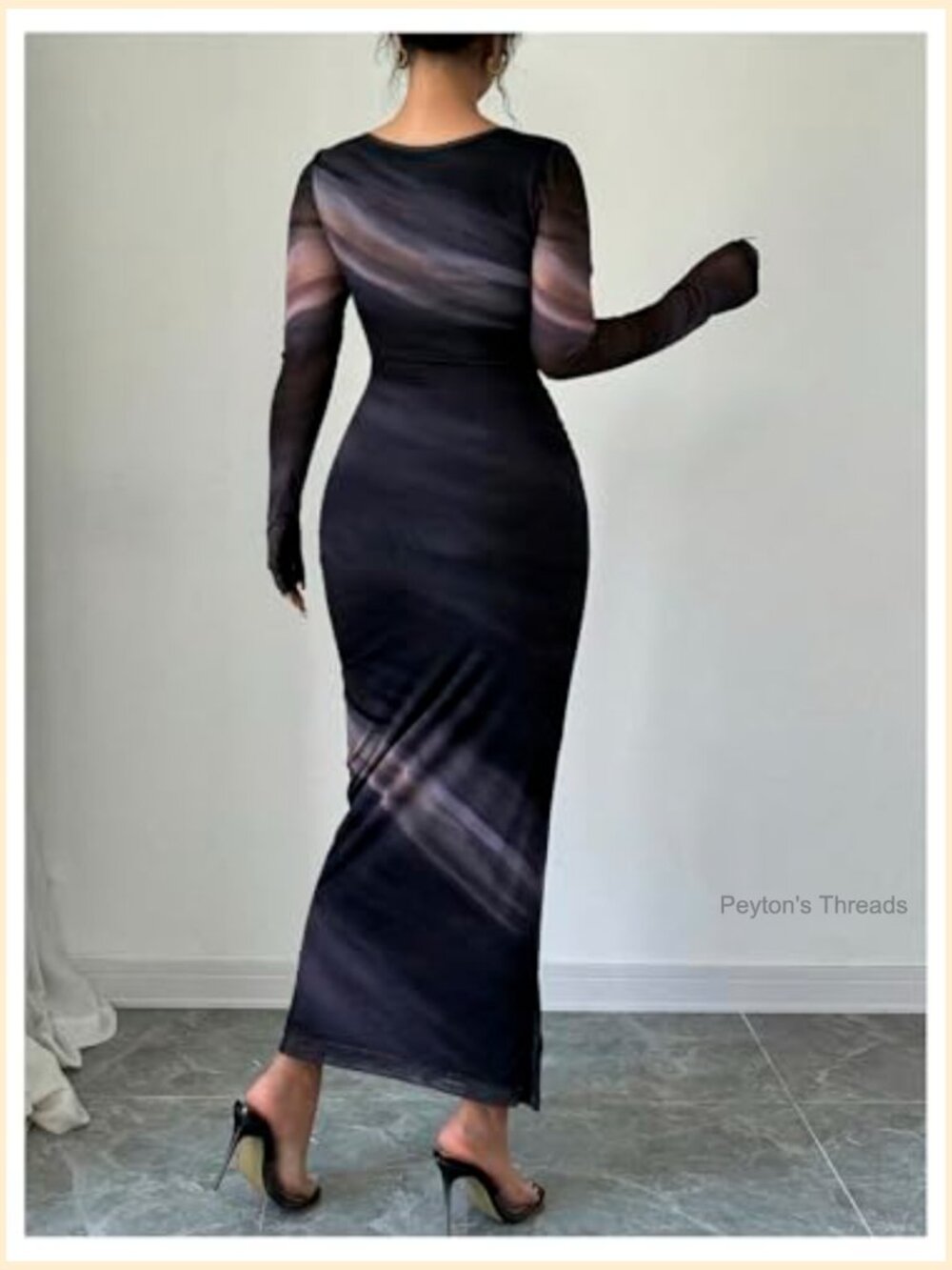 Tie Dye Boat Neck Long Sleeve Ruched Bodycon Maxi Dress - Picture 2 of 5